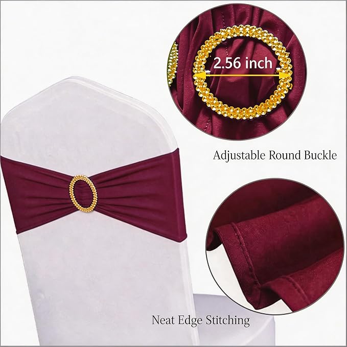 Pack of 50 Spandex Dark Burgundy Chair Sashes with Gold Buckles, Stretch Chair Bands Bows for Wedding Party Baby Shower Decor - Image 4
