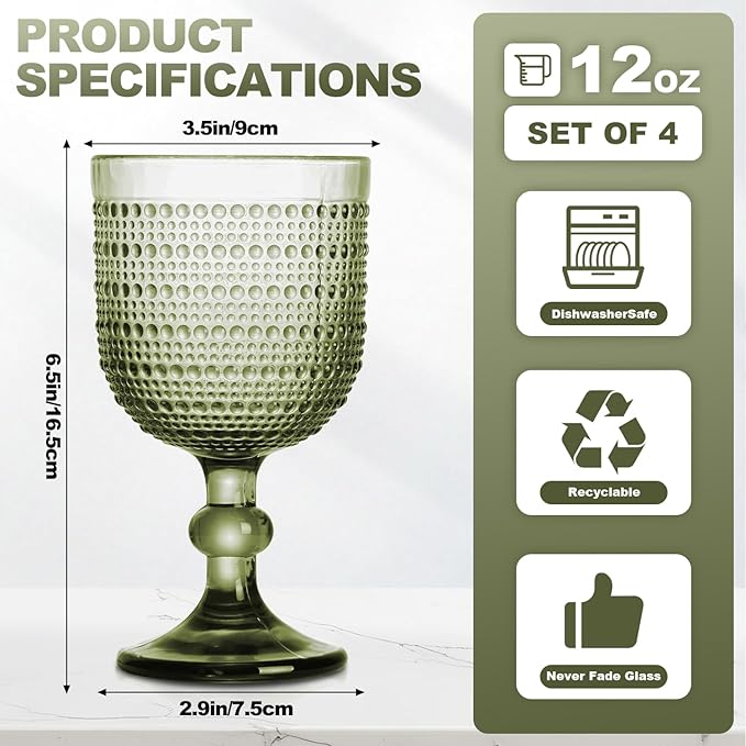 12 oz Green Vintage Wine Glasses,Hobnail Drinking Glasses Set of 4,Embossed Goblet Glasses for Wedding,Party, Dinner,Bar