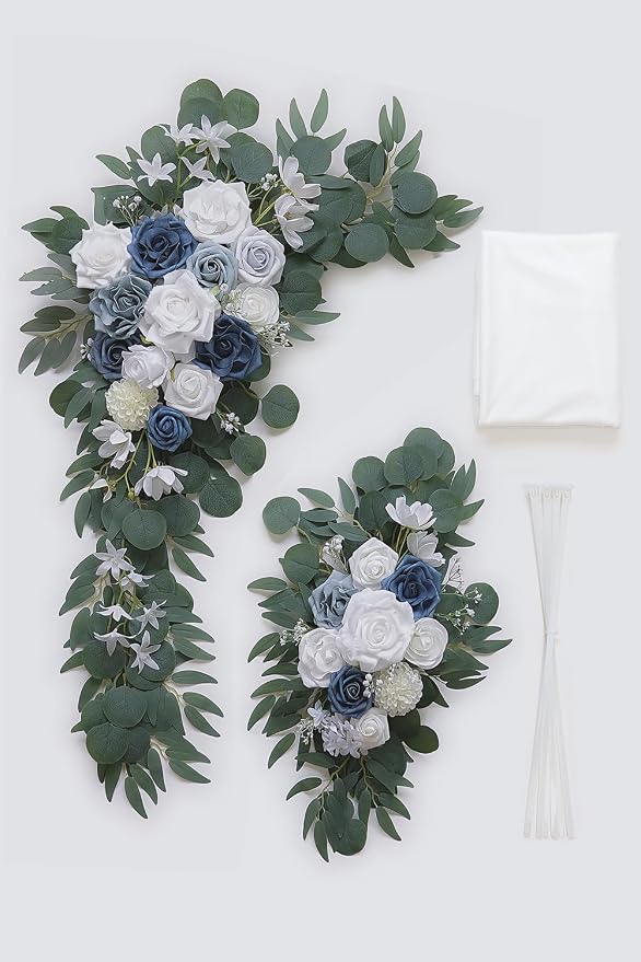 Olalaka Dusty Blue Artificial Wedding Arch Flowers Kit (Pack of 3) with 26Ft White Shiny Arch Draping Fabric for DIY Wedding Party Ceremony Reception Backdrop Floral Decoration - Image 3