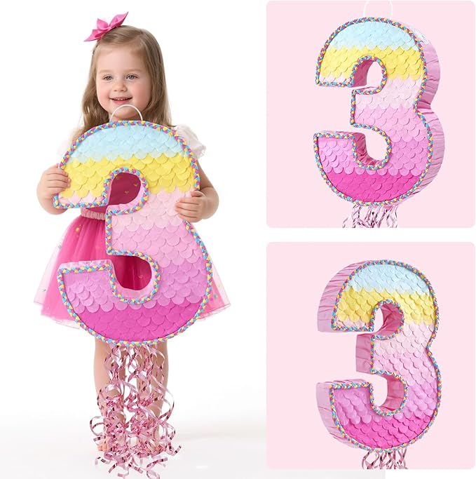 WERNNSAI Pink Sweet Three Pinata - Number 3 Pinata Happy Birthday Decoration Pink Rainbow Design Party Games for Girl Princess Baby Shower Party Favor with Blindfold Anniversary Celebration Supplies