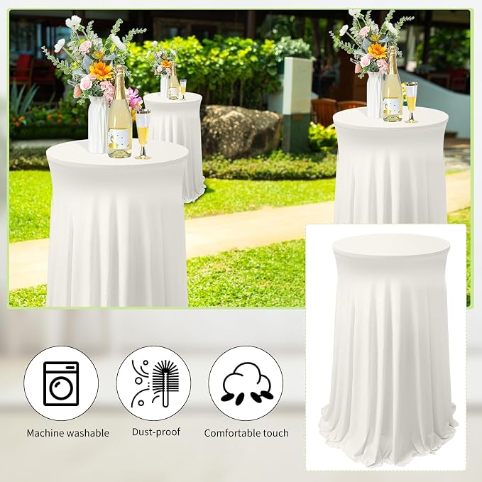 Tegeme 1 Pack Spandex Cocktail Table Cover Fitted with Skirt, Ivory | 32x43 Inch High Top Tables, Stretch Tablecloth for Weddings Parties Banquets, Fitted Covers Wrinkle Resistant Elegant Design - Image 3