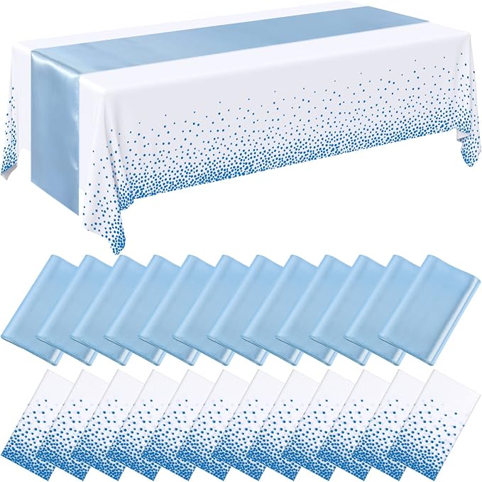 24 Packs Tablecloths Satin Runner Baby Blue and White Graduation | 54x108 Inch Disposable Tablecloth and 12x108 Inch Satin Runners for Wedding Birthday Party Baby Shower Christmas New Year by Breling