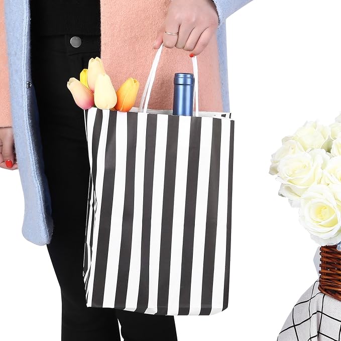 Medium Gift Bags with Handles,100Pcs Kraft Paper Bags,Black Strip | 8x4.75x10 inch,120GSM,Thick,Durable,Recyclable,6LB Load,for Shopping,Grocery,Retail,Party Favor,Wedding,Birthday,Christmas - Image 5
