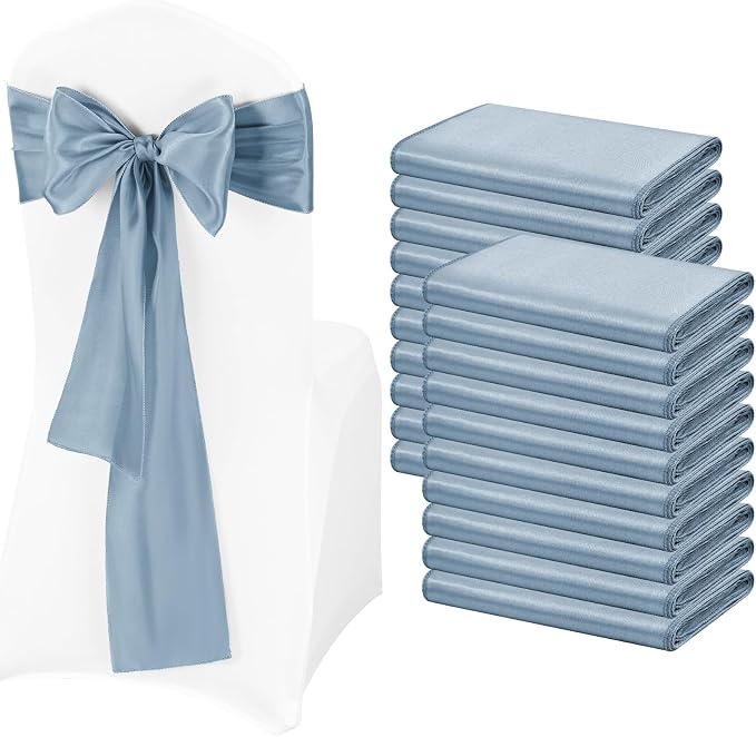 Pesonlook 50 Pcs Dusty Blue Satin Chair Sashes Ties, 7×108inch | Satin Chair Sashes Bows Chair Cover Back Tie Supplies for Wedding Reception Events Banquets Party, Hotel Event, Chairs Decor by Pesonlook