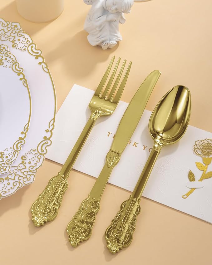 Goodluck 300 Pack Gold Plastic Silverware Set – Heavy Duty Disposable Cutlery, Includes 100 Forks, 100 Spoons, 100 Knives, Elegant Vintage Design for Weddings, Parties, Thanksgiving, and Daily Use