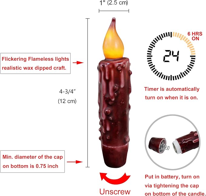 CVHOMEDECO. Real Wax Hand Dipped Battery Operated LED Timer Taper Candles Country Primitive Flameless Lights Décor, 4-3/4 Inch, Burgundy, 2 PCS in a Package