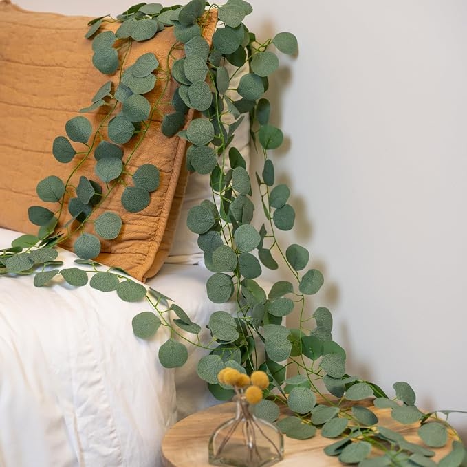 CQURE 8Pcs Eucalyptus Garland,Artificial Eucalyptus Leaves Table Greenery Garland Wreath Spring Vines for Wedding Party Table Bedroom Wall Room Decor - Image 7