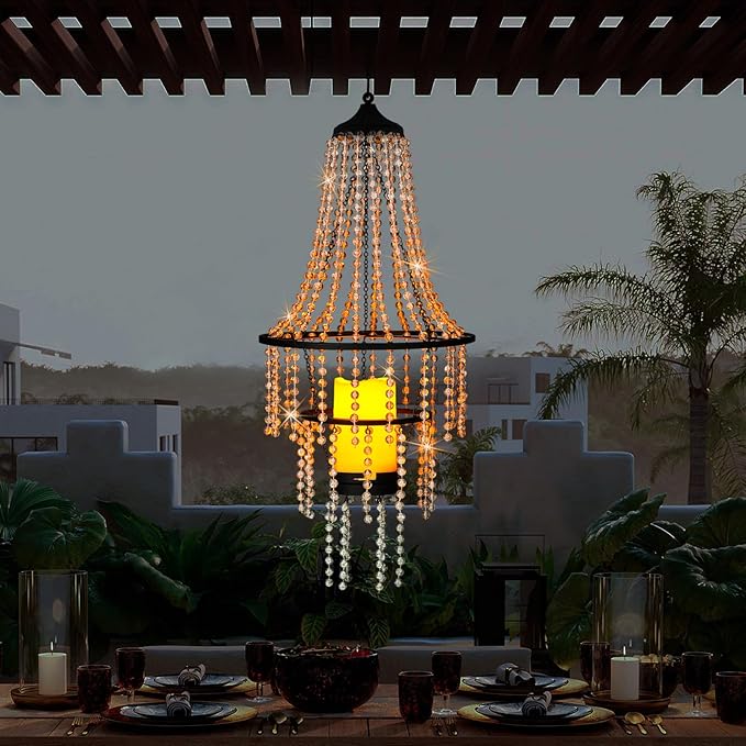 Hanging Candle Lantern Outdoor, 28” Battery Operated Modern Clear Acrylic Crystal Chandeliers with Flickering Yellow Led Candle Light S Hooks for Garden, Backyard, Gazebo, Room Indoor Indoor Decor
