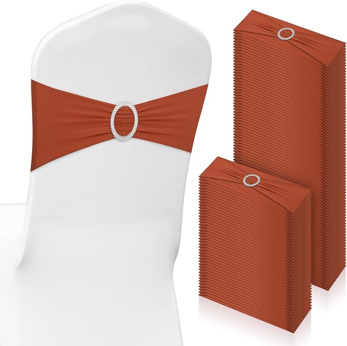 CHENGU 150 Pieces Spandex Stretch Chair Sashes Bows Elastic Chair Cover Bands Ties with Buckle Slider for Wedding Party Reception Events Universal Ceremony Banquet Decorations (Terracotta) by CHENGU