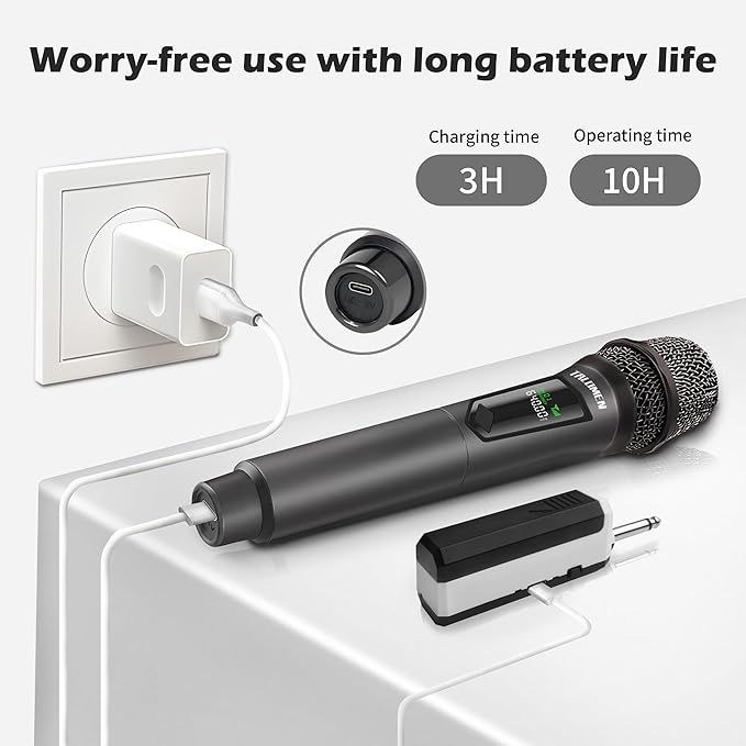 Wireless Microphone,Professional Dual Handheld Cordless Dynamic Mic System with Rechargeable Receiver(160 Ft),Karaoke Microphone Set for Singing,Karaoke,Wedding,DJ,Party,Speech,Church,K60-2