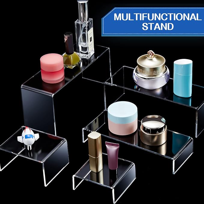 Sintuff 36 Pcs Acrylic Risers Clear Rectangular Display Stands ( 3.4”L~4”L~5”L) Showcase Collectibles Display Stands for Figures Perfume Organizer, Figures, Jewelry, Dessert, Cupcake - Image 6