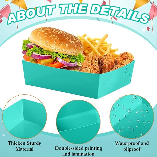 Uiifan 50 Pcs 5 lb Extra Large Paper Food Trays Disposable Food Boat Nacho Plate Serving Snack Trays Grease Resistant Self-assembly for Back to School Party Birthday Wedding Supply (Teal) - Image 4