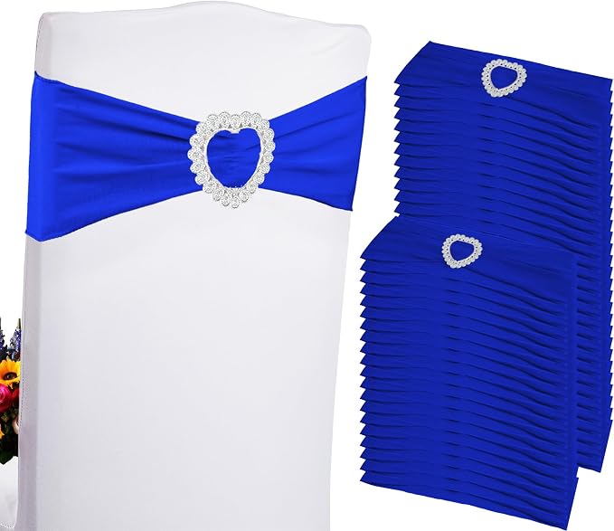 100PCS Spandex Stretch Royal Blue Chair Sashes Bows Universal Elastic Chair Cover Bands Ties with Buckle Slider for Wedding Party Ceremony Reception Event Banquet Decoration(Royal Blue) by Zrlljp