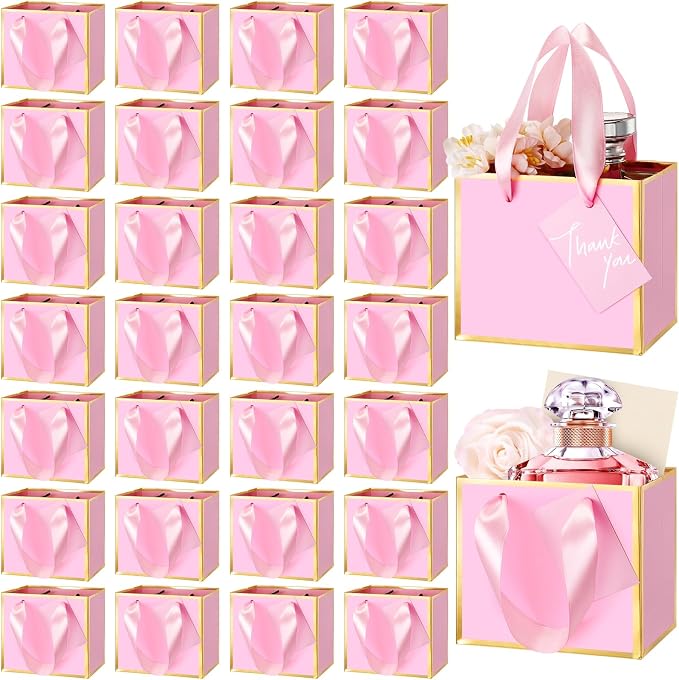 Yeaqee 25 Pcs Mini Metallic Paper Gift Bags with Handle, Pink, Gold | 4.75x2.25x4'' Small Gift Bag with DIY Tag, Tiny Thank You Party Favor, Wedding Baby Shower Birthday Back to School Jewelry by Yeaqee