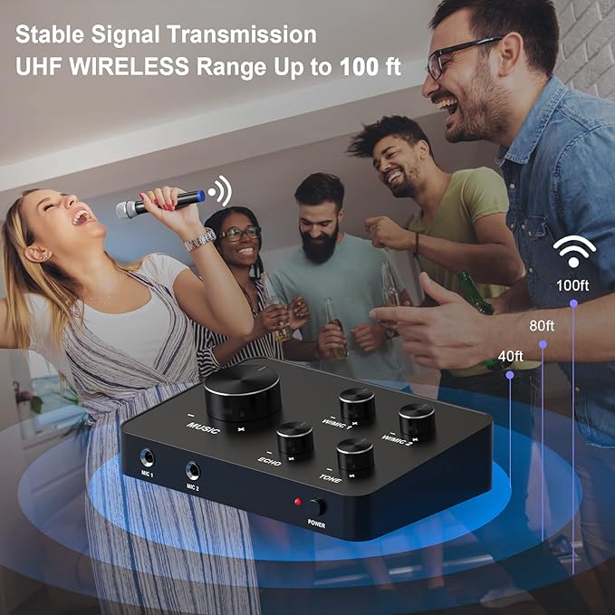 Rybozen Wireless Microphone Karaoke Mixer System, Dual Handheld Wireless Microphone for Karaoke, Smart TV, PC, Speaker, Amplifier, Church, Wedding - Support HDMI, AUX In/Out