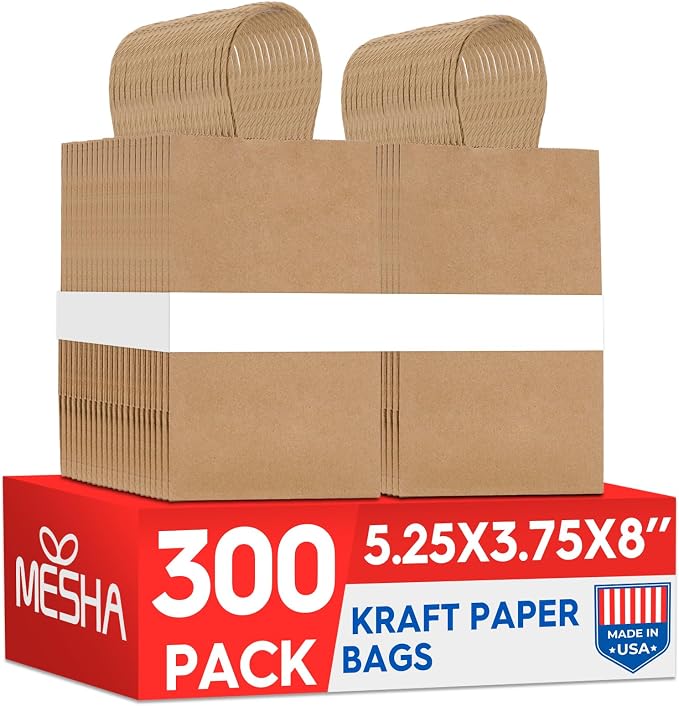 MESHA Kraft Paper Bags 5.25X3.75X8 Inch Brown Small Gift Bags with Handles Bulk,300 Pack for Small Business,Birthday Wedding Party Favor, Paper Shopping by MESHA