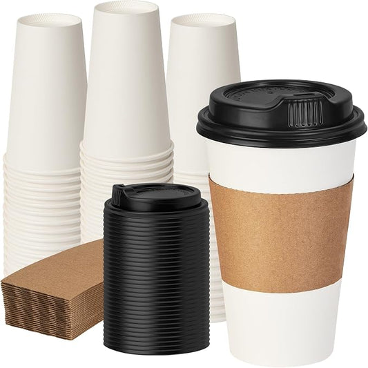 16 oz 50 Pack Coffee Cups with Lids and Sleeves | Hot Paper Coffee Cups with Lids, Disposable Cup with Lid for Coffee, Tea, Ideal for Cafes, Offices and Travel by VPACKDUO