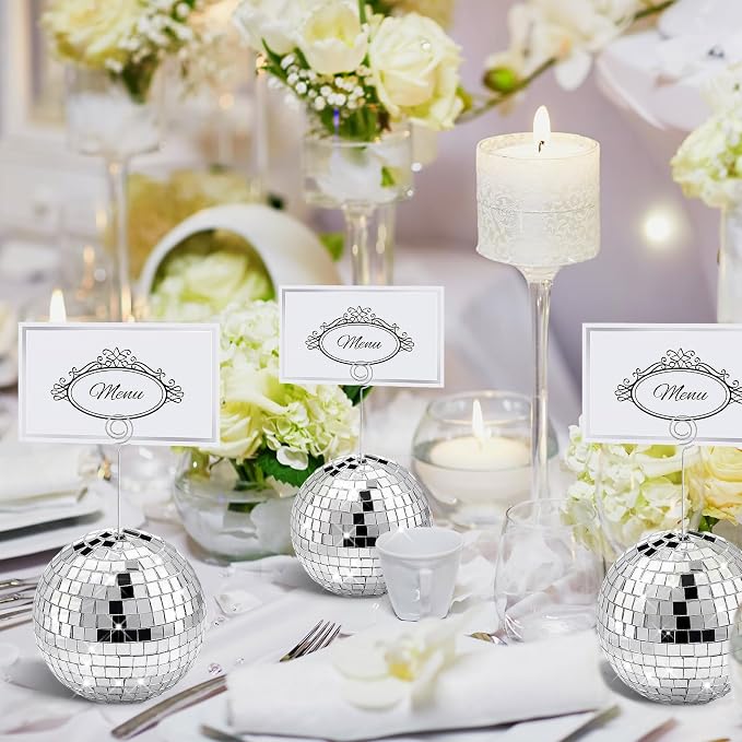 Maitys 20 Set Disco Ball Table Number Holders Silver,60pcs/20 Set,4 Inch | Swirl Wire Clips for Place Cards, Name Tags, Photo Stand, Wedding Bachelorette Party Decor, Includes 40 Blanks for Guests - Image 4
