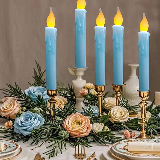 LINCOUNTRY.Primitive Wax Blue Battery Operated Taper Candles Flickering Flameless Taper Candles with Timer,Dripped Led 6.75 inch Candlesticks for Christmas Halloween Home Party Decor,2 pcs