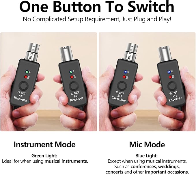 A11 Wireless XLR Transmitter and Receiver 2.4GHz, Wireless Microphone System for Dynamic Microphones, Audio Mixer, PA System, 100ft Range, Ultra-Low Latency, Rechargeable Battery (A11-1(1TX+1RX))