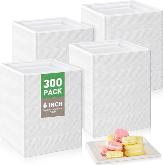 Zhehao 300 Pack Square Paper Plates 6 Inch Heavy Duty Disposable Plates Elegant Sugarcane for Sandwich Salad Cake Dessert Home Dinner Party Snack Birthday Baby Shower Festival(White) by Zhehao