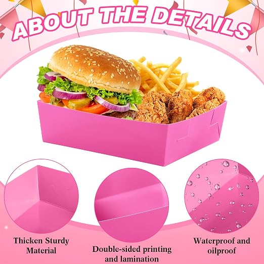 Uiifan 50 Pcs 5 lb Extra Large Paper Food Trays Disposable Food Boat Nacho Plate Serving Snack Trays Grease Resistant Self-assembly for Back to School Party Birthday Wedding Supply (Hot Pink) - Image 4
