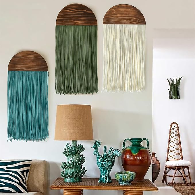 Macrame Wall Hanging Boho Wal Decor 3 Pcs Multicolor Combination Fiber Art Boho Home Decor Fringe Art for Living Room Bedroom or Office Modern Minimalist Wall Decoration 13.7" W x 30" L