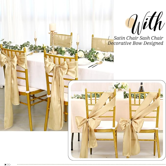 Pesonlook 100Pcs Satin Chair Sashes Ties, Champagne Satin Chair Sashes Bows Chair Cover Back Tie Supplies for Wedding Reception Events Banquets Party, Hotel Event, Chairs Decoration | Satin Chair Sashes Bows Chair Cover Back Tie Supplies for Wedding Re... - Image 6