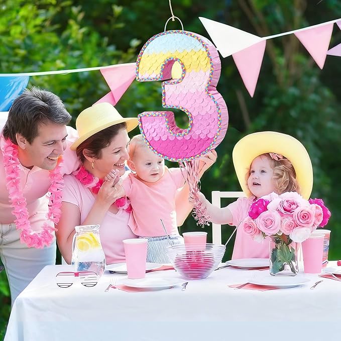 WERNNSAI Pink Sweet Three Pinata - Number 3 Pinata Happy Birthday Decoration Pink Rainbow Design Party Games for Girl Princess Baby Shower Party Favor with Blindfold Anniversary Celebration Supplies