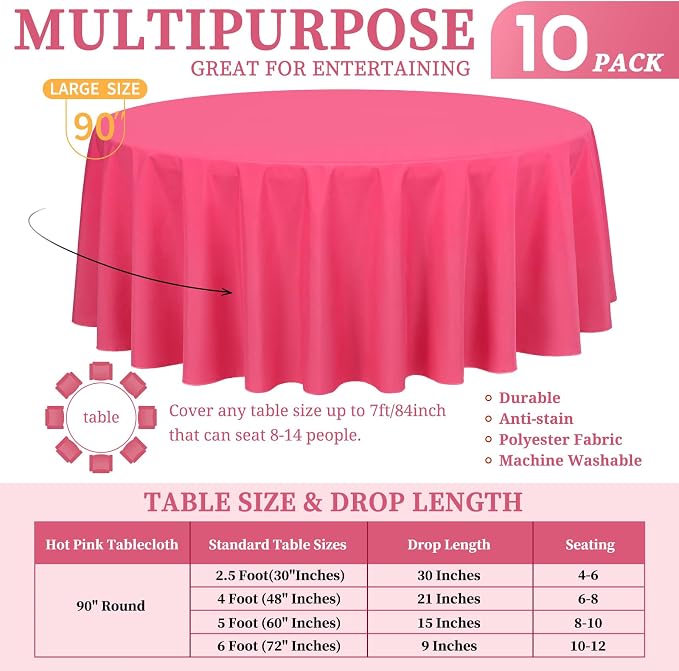 Showgeous 90 Inch Hot Pink Round Tablecloths, Polyester Table Covers | 10 pack Tablecloths for Round Tables Washable polyester Table Cloth Decorative Fabric for Dining Wedding Party Banquet Buffet - Image 2