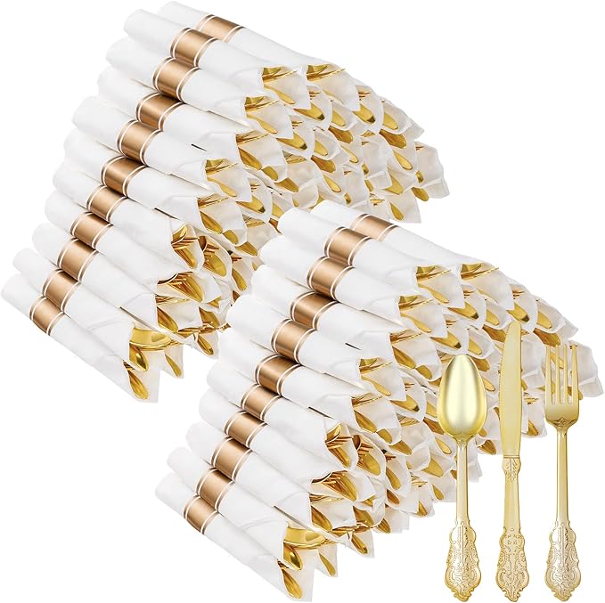 100 Pack Gold Plastic Silverware with Pre Rolled Napkins for 100 Guests, Heavyweight Gold Disposable Utensils Sets Includes 300 Plastic Cutlery, and 100 Napkins for Party & Wedding