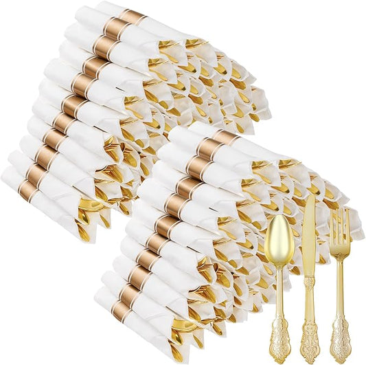100 Pack Gold Plastic Silverware with Pre Rolled Napkins for 100 Guests, Heavyweight Gold Disposable Utensils Sets Includes 300 Plastic Cutlery, and 100 Napkins for Party & Wedding