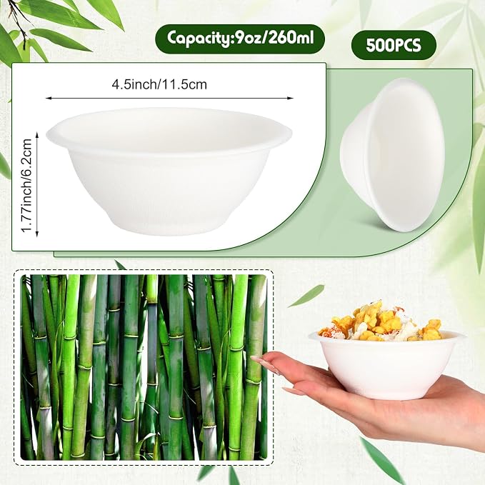 Dandat 500 Pack 9oz Disposable Paper Bowls Food Soup Natural Bagasse Fiber Bowls for Sauce Salad Dessert Hot Cold Soup - Image 2