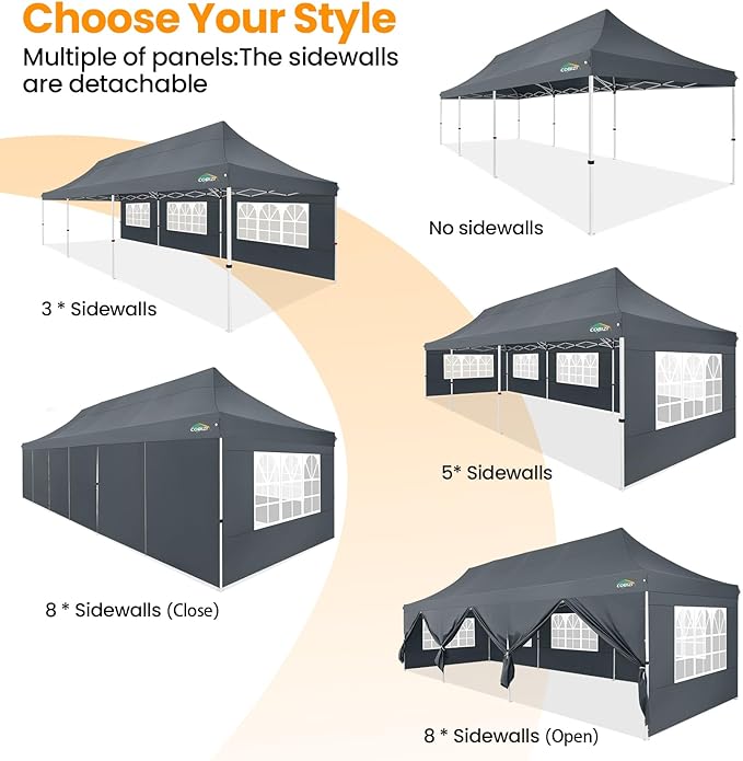 COBIZI 10x30 Pop up Canopy with Roller Bag & 8 Removable Sidewalls, Canopy Tent for Parties, Wedding, and Commercials, Waterproof and Instant Shelter UV50+ Outdoor Gazebo with 4 Sandbags(Gray)