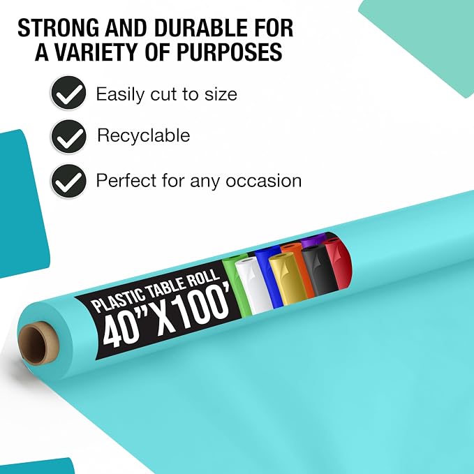 Party Solids Aqua Plastic Table Cover Roll Pack of 6, 40" X 100' Table Cloth Plastic Cover Roll - Premium Quality Thick 0.5 MIL Banquet Rolls - Disposable Tablecloth Rolls - Image 2
