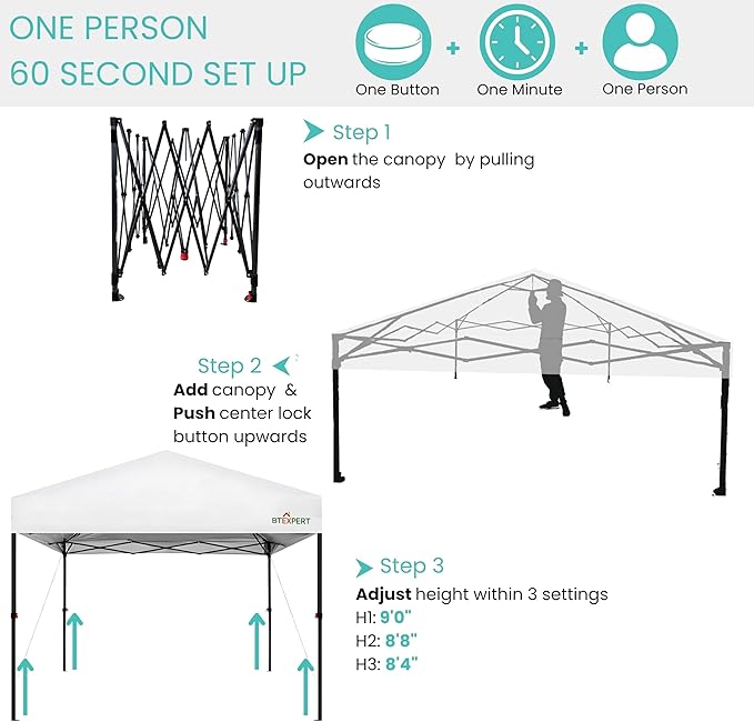 BTEXPERT 10x10ft 1-Person Setup Instant Pop Up Canopy Tent, One Touch Portable Commercial Shelter Outdoor Gazebo 1-Button Push Carrying Wheeled Bag for Home Party Deck Beach Wedding Camping Backyard