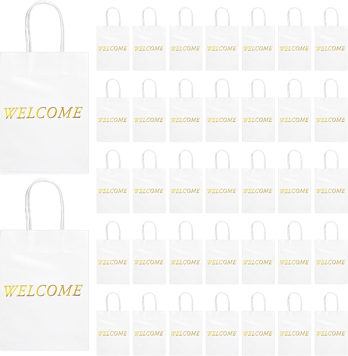 Jexine 100 Pcs Welcome Gift Bags Kraft Paper 5.9x3.1x8.1,White | for Wedding Favors, Church Visitors, Hotel Guest Kits, Retail Shopping, Event Giveaways,Sturdy Kraft Paper and Handles by Jexine