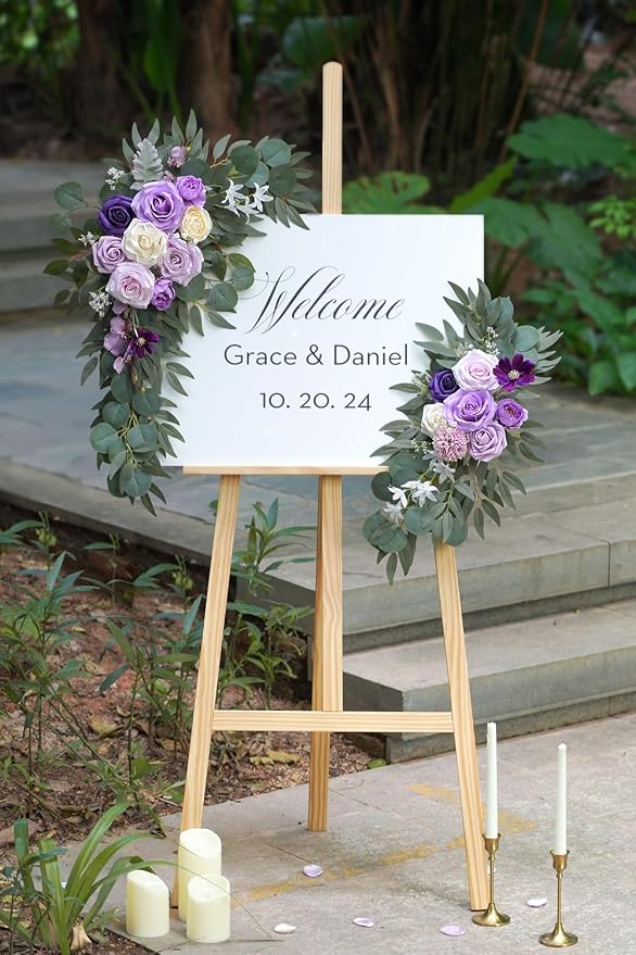 Olalaka Faux Flower Swag Set of 2 for Wedding Welcome Signs Floral Decorations, Purple Wedding Arch Flowers for Wedding Ceremony (Lilac & Purple & Cream) - Image 2
