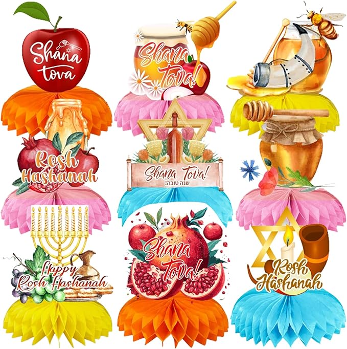8Pack Rosh HashanaBirthday Party supplies set Honeycomb Centerpieces Double Sided Table Topper for Rosh Hashana Birthday Party Decorations (Rosh Hashana)