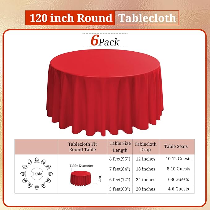 6 Packs 120 Inch Red Round Polyester Tablecloths | Table Cover for Round Tables, Stain and Wrinkle Resistant Washable Table Cloth, Perfect for Wedding Banquet Parties - Image 2