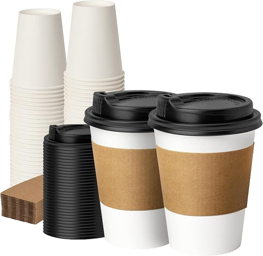 12 oz 50 Pack Coffee Cups with Lids and Sleeves | Hot Paper Coffee Cups with Lids, Disposable Cup with Lid for Coffee, Tea, Ideal for Cafes, Offices and Travel by VPACKDUO