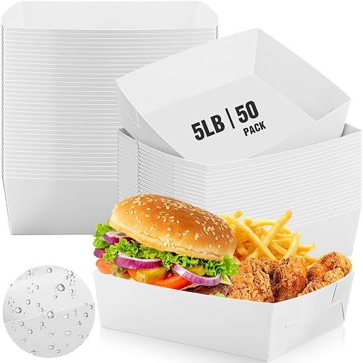 Uiifan 50 Pcs 5 lb Extra Large Paper Food Trays Disposable Food Boat Nacho Plate Serving Snack Trays Grease Resistant Self-assembly for Back to School Party Birthday Wedding Supply (White) by Uiifan