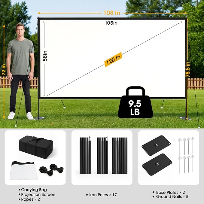 Outdoor Projector Screen with Stand, 120 inch Portable Projection kit 16:9 4K HD Wrinkle-Free Indoor Outdoor Movie Screen with Carry Bag for Home Theater and Backyard Movie Night