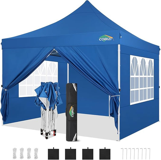 COBIZI 10x10 Pop Up Canopy with 4 Sidewalls, Canopy Tent 10x10 for Parties, Backyard, Commercial, Waterproof and Portable Instant Shelter UV50+ Outdoor Gazebo with 4 Sandbags(Light Blue)
