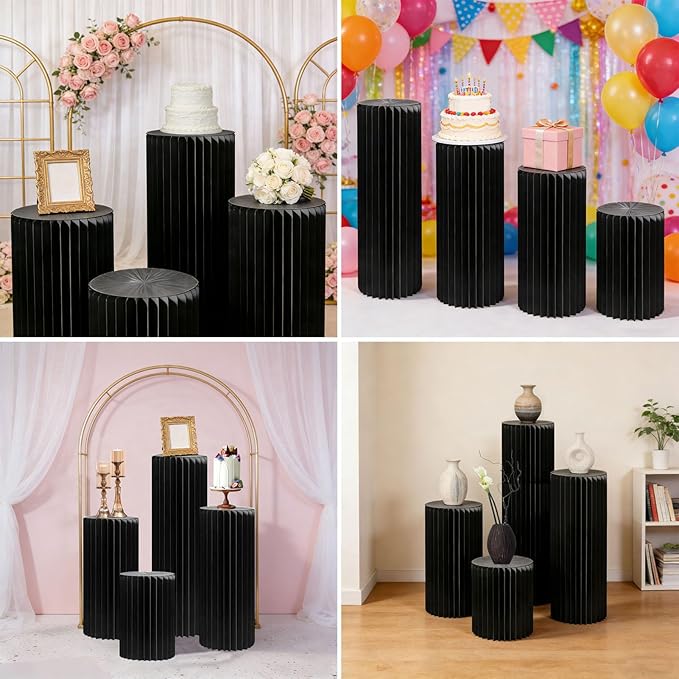 4Pack Cylinder Stands for Party, Foldable Cardboard Columns with 4 Clear Round Top Plates, Cake Display Pedestal Stand for Wedding Banquet Vendor Events Decorative (Black)