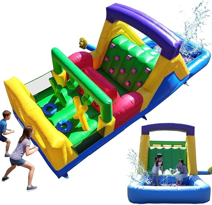 22FT Commercial Grade Bounce House for Adult, (Heavy Duty PVC) (Splash Big Water Pool) (1100W UL Blower) Inflatable Obstacle Course with Slide, Ball Pit, Large Backyard Lawn Party Game