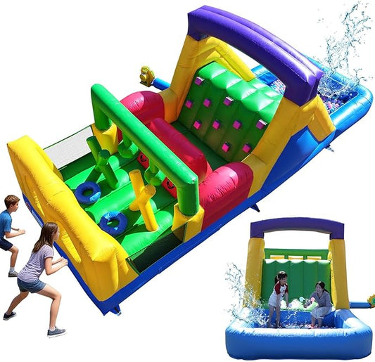 22FT Commercial Grade Bounce House for Adult, (Heavy Duty PVC) (Splash Big Water Pool) (1100W UL Blower) Inflatable Obstacle Course with Slide, Ball Pit, Large Backyard Lawn Party Game
