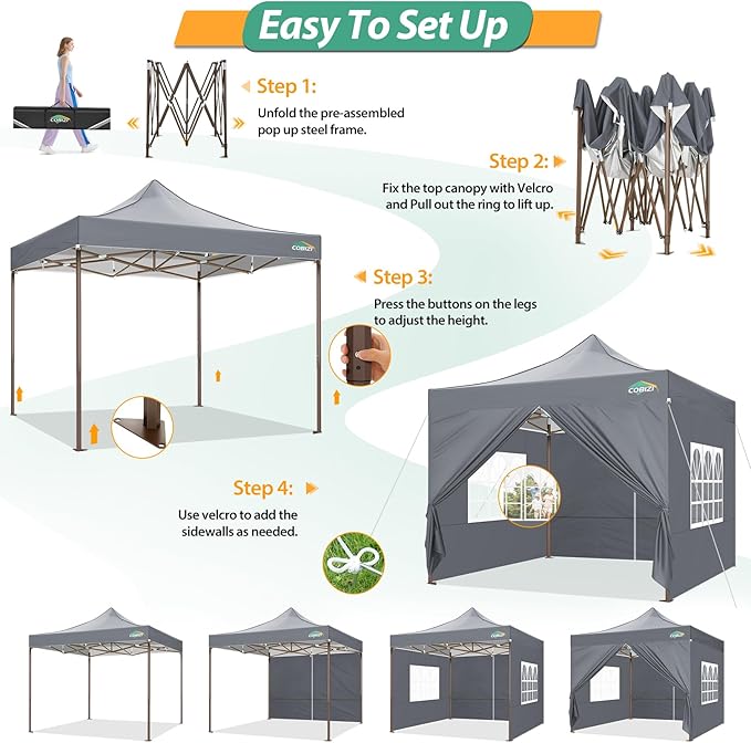 COBIZI 10x10 Pop Up Canopy Tent Heavy Duty with 4 Sidewalls, Commercial Easy Up Instant Canopy Outdoor for Events Party Wedding, All Weather Waterproof UV 50+ with Carry Bag (Leg Upgraded), Gray