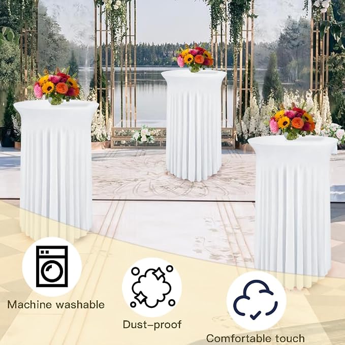 WJWHQ 5 Pack Round Spandex Cocktail Tablecloths with Skirt - Stretch Table Covers for High Top Bar, Wedding, Party, Banquet (White, 32 x 43 Inch) - Image 4