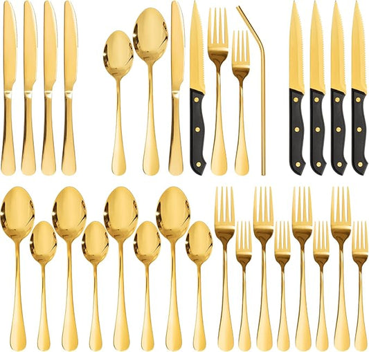 Astercook 24-Piece Silverware Set with Steak Knives Gold Flatware Set for 4 Food-Grade Stainless Steel Cutlery Set Mirror Polished Utensils Set Include Spoons and Forks for Home Kitchen Restaurant